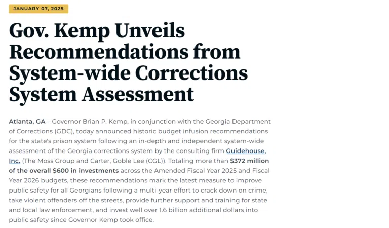 Gov. Kemp Unveils Recommendations from System-wide Corrections System Assessment